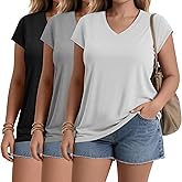 Huukeay 3 Pack Women’s Plus Size V Neck T Shirts, Cap Sleeve Summer Casual Tops Loose Fit Tees 2025 Trendy Shirts