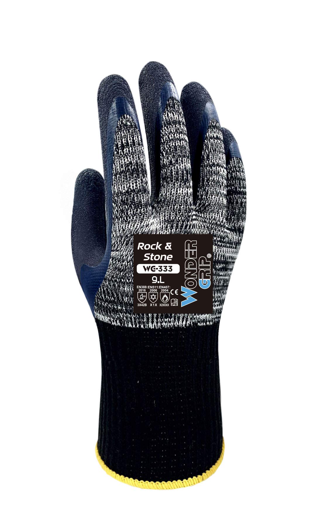 Wondergrip - Rock & Stone - WG-333 Safety Gloves - Double Latex Coating - Non-Slip Grip - Heat, Cold, Cut Level B Protection - Heavy Duty & Ergonomic Fit - Grey - XX Large