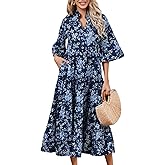 Women's Floral Ruffle Midi Dress V Neck Bell Sleeve Flowy Tiered Long Dress
