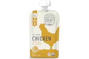 Serenity Kids 6+ Months Baby Food Pouches Puree Made With Ethically Sourced Meats & Organic Veggies | 3.5 Ounce BPA-Free Pouch | Free Range Chicken, Pea, Carrot | 1 Count