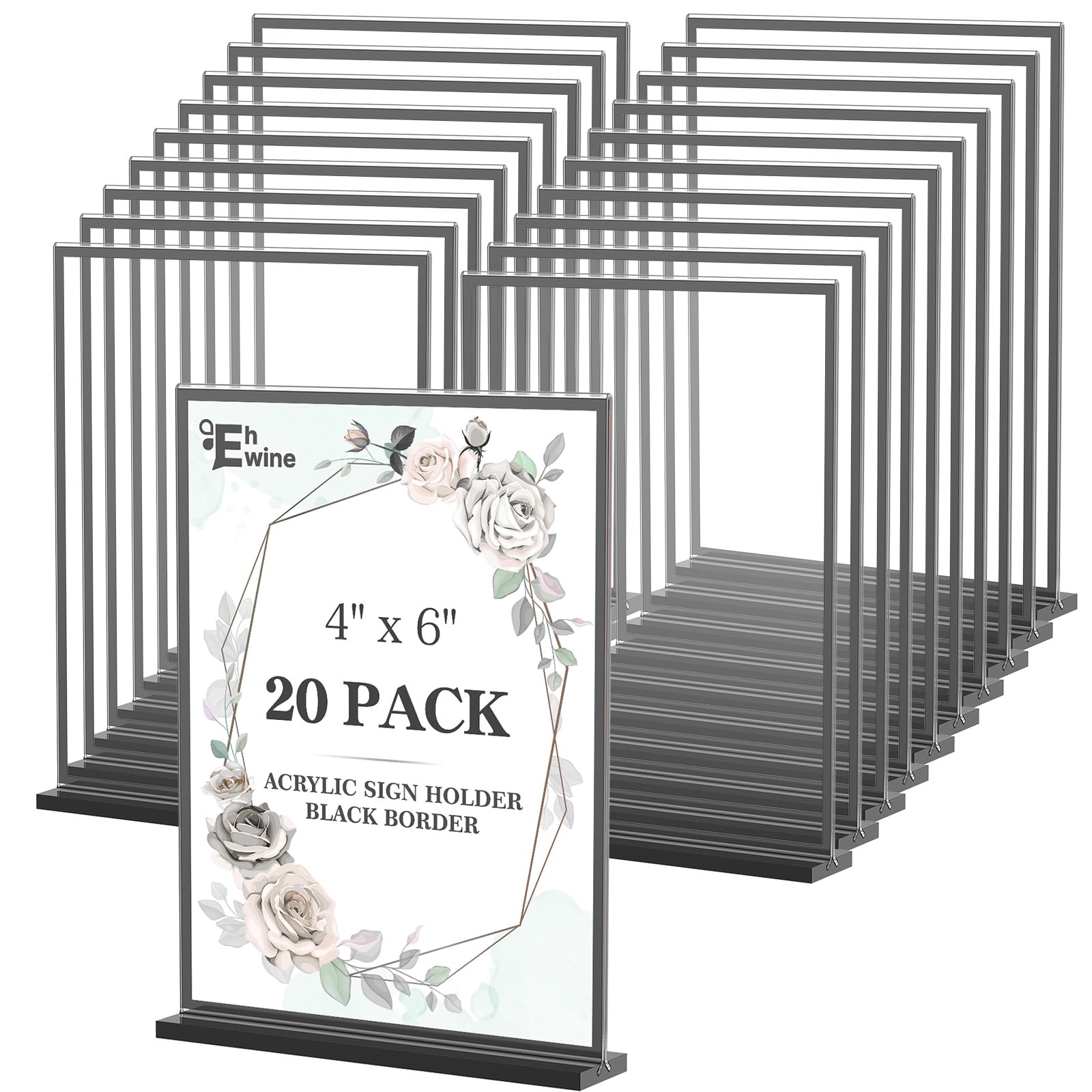Photo 1 of EHWINE Acrylic Sign Holder 4 x 6, 20 Pack Double-Sided Stand up Table Top Sign Holders, Black Acrylic Picture Frame Menu Flyer Paper Holder Display Stand for Office Business Store Wedding Party