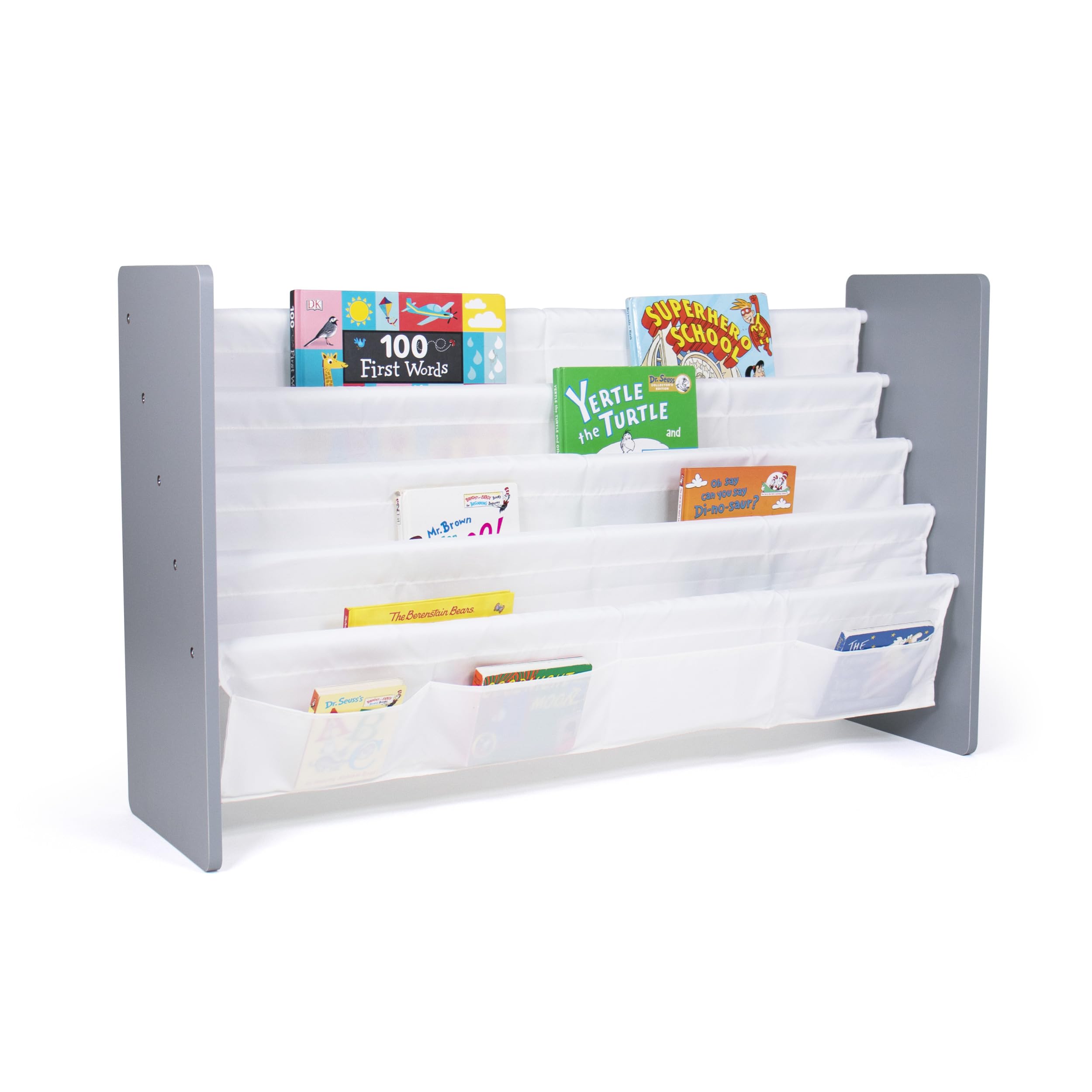 Humble Crew Inspire Extra Large Kids 4-Tier Bookrack with 4 Front Pockets, Toddler Bookshelf Organizer for Small & Large Books, Front-Facing Display Storage, Grey/White, for Nursery & Playroom Image