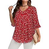 Amrto Plus Size Tops for Women Chiffon Ruffle 3/4 Sleeve Tunic Chiffon Blouses V Neck Casual Shirts XL-5XL
