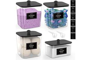 COAZEX 3+1 Pack Clear Laundry Pods Container & Dryer Sheet Holder, Plastic Square Laundry Room Organization and Storage Jars with Black Lids, Scoops & Labels for Detergent, Powder, Dryer Balls