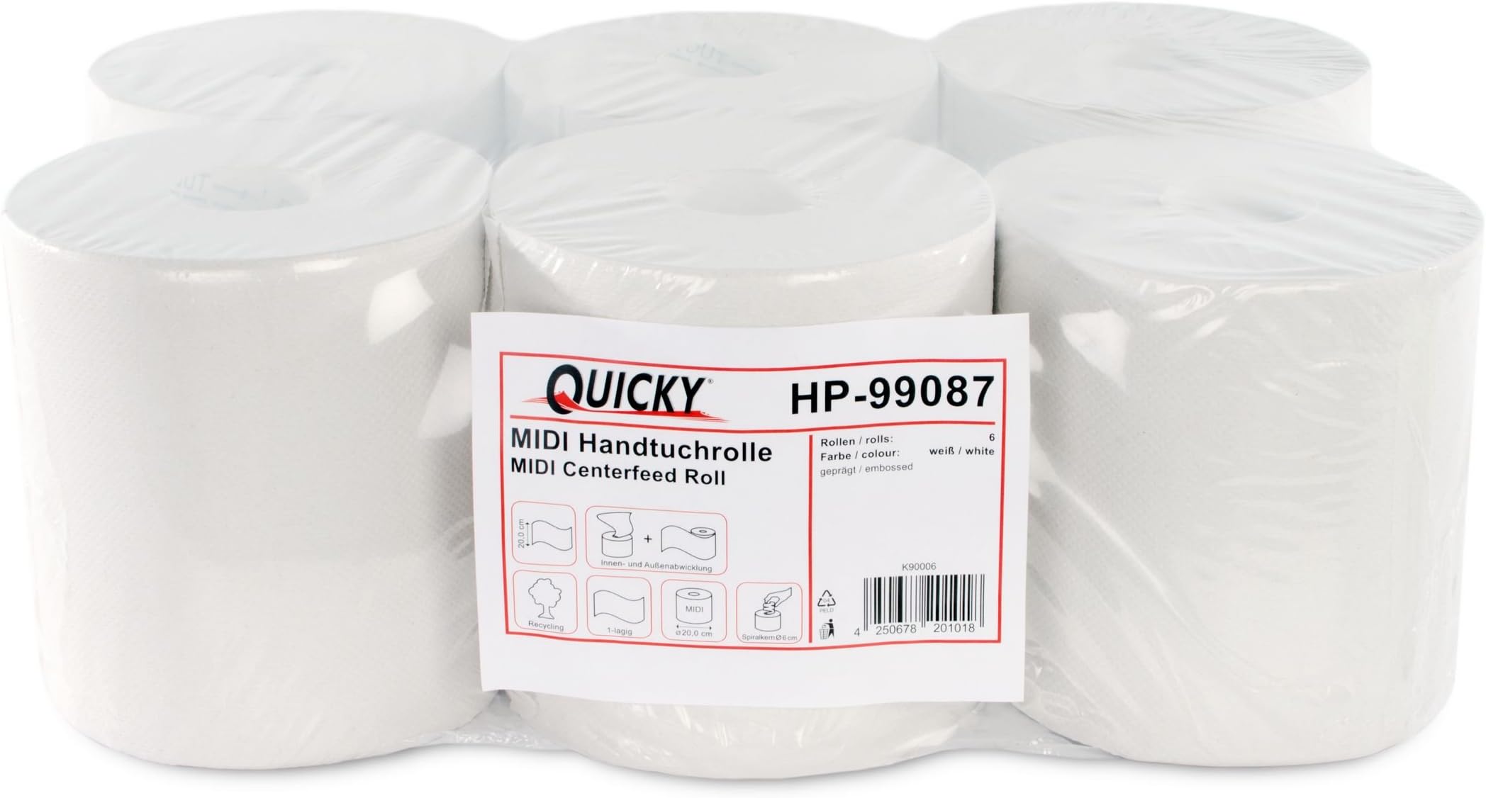 Quicky Paper Towel Roll 1-Ply, 6 Rolls/Pack, 20 CM Inner, Recycled, White, Pack of 6 Rolls)