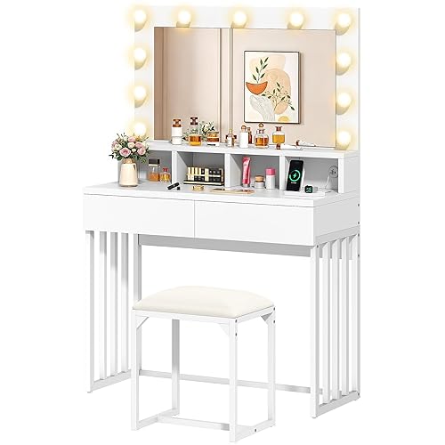 YITAHOME Dressing Table with Mirror and Stool, Vanity Table with 2 Drawers Hollywood LED Lights, Adjustable Brightness Vanity Makeup Table Makeup Desk with Metal Legs Bedroom Dressing Tables, White