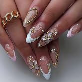 3D Press on Nails Almond - Medium French Tip Fake Nails with Embossed Flower &amp; Gold Bead Designs, Glossy Acrylic Nails Full Cover Floral Glue on Nails for Women Manicure 24Pcs