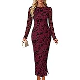 MITILLY Women Floral Bodycon Midi Dress 2025 Fall Elegant Mesh Long Sleeve Split Wedding Guest Cocktail Formal Dresses