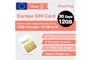 MEWFI Prepaid Europe Sim Card 30 Days, EU 12GB / UK 30GB, Activation Required & 24/7 Whatsapp Support, Unlimited Local Calls and SMS, UK Three SIM Card Applicable to 72 Countries