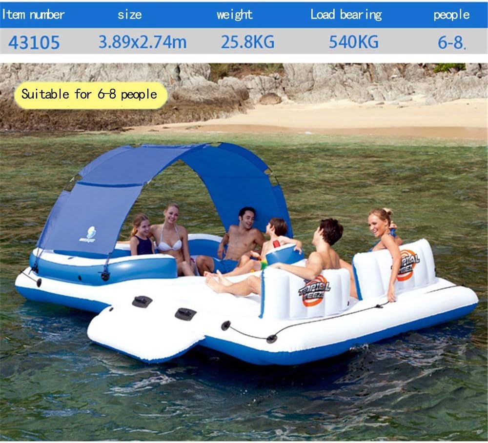 Large Pool Inflatable Floating Boat Bed,Floating Row Swimming Ring Lounge Chair Large Island Water Toys Suitable for 6-8 People - 389×274CM