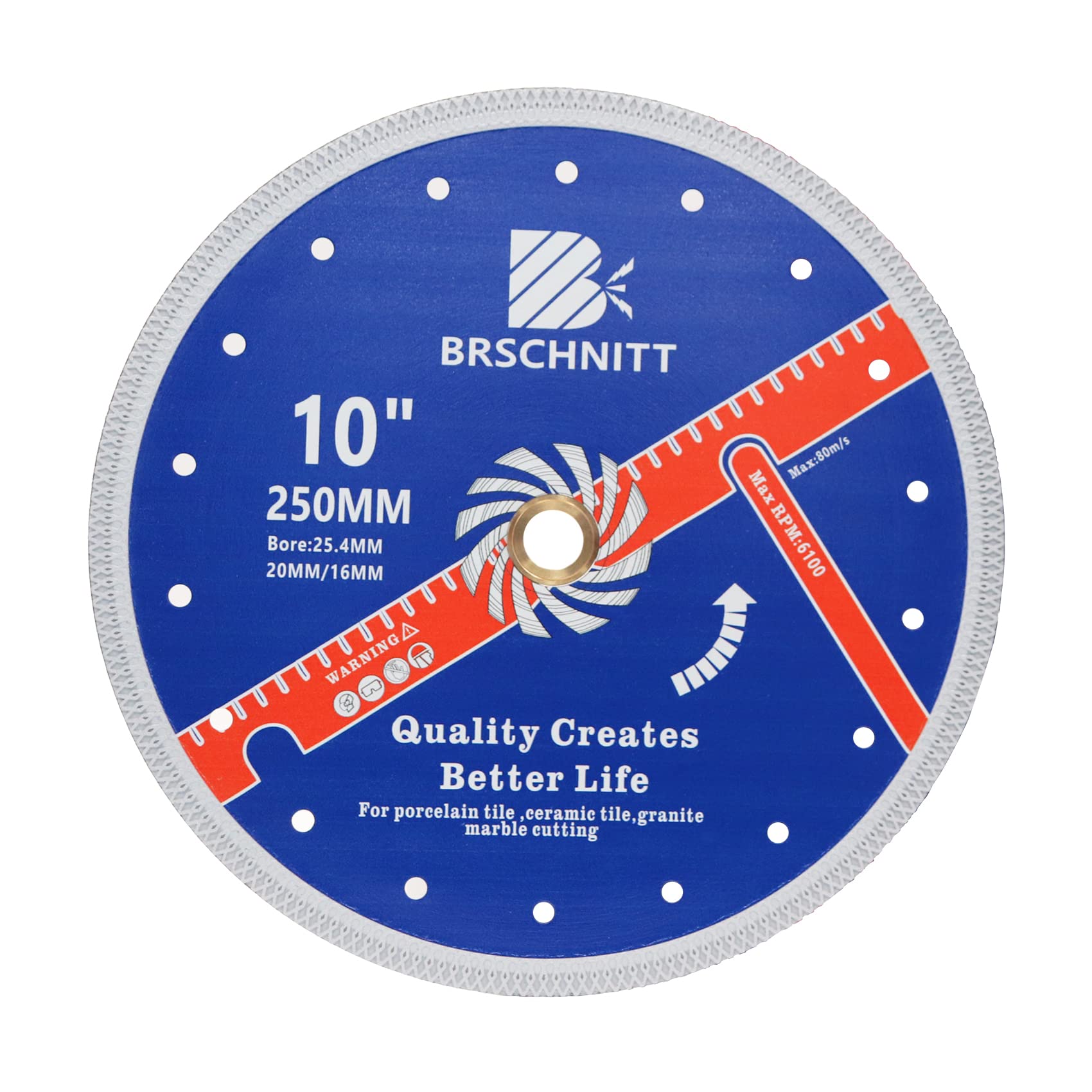 Super Thin Diamond Porcelain Cutting Disc with X Teeth,BRSCHNITT 250mm x Arbor 25.4mm-20mm-16mm Diamond Cutting Disc for Dry/Wet Cutting Porcelain Tile Ceramic Marble Granite