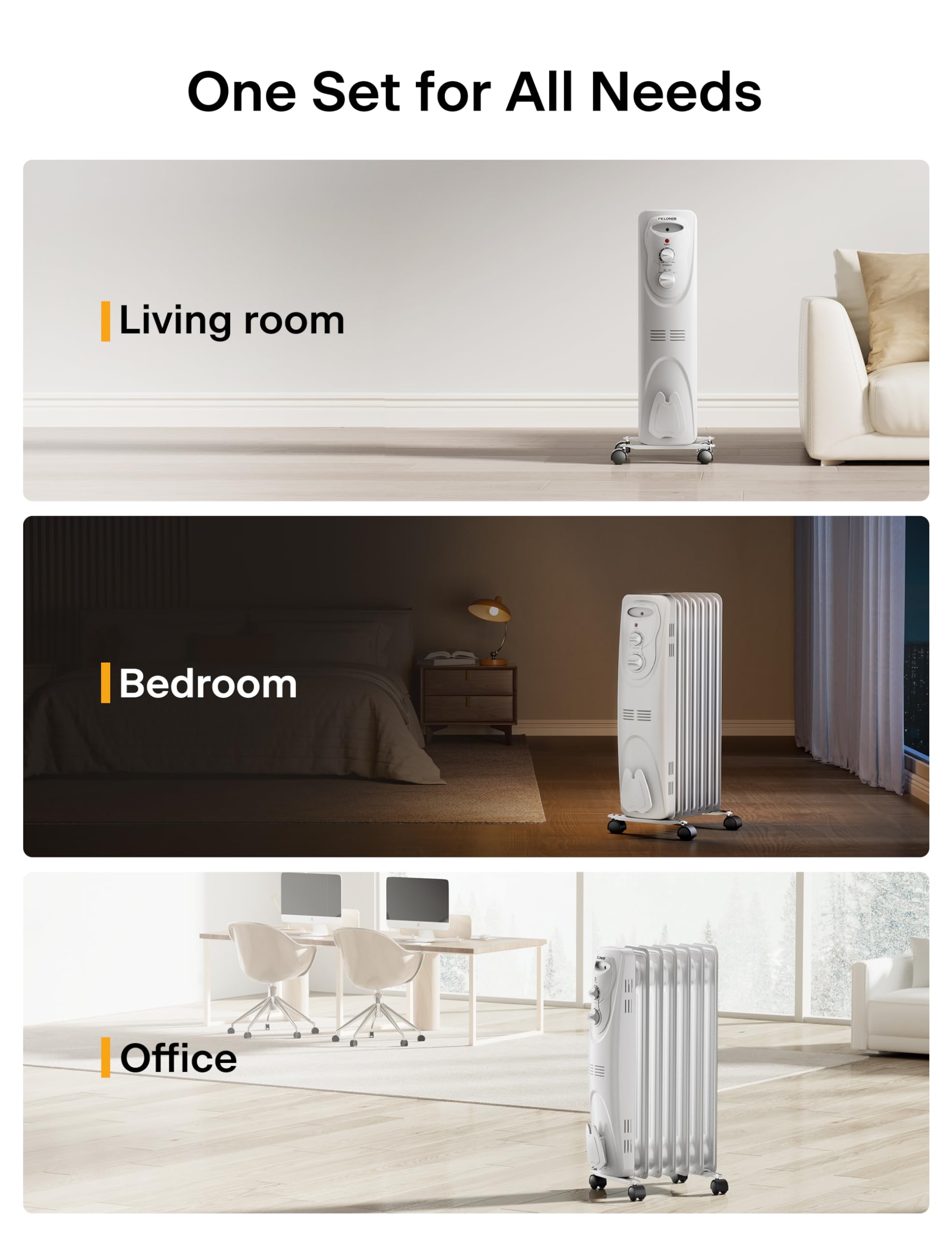 PELONIS PHO15A2AGW, Basic Electric Oil Filled Radiator, 1500W Portable Full Room Radiant Space Heater with Adjustable Thermostat, White, 26.10 x 14.20 x 11.00 in