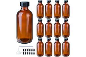 BPFY 12 Pack 4 oz Amber Boston Glass Bottle with Black Poly Cap, Funnel, Chalk Labels, Dispensing Bottle for Homemade Vanilla