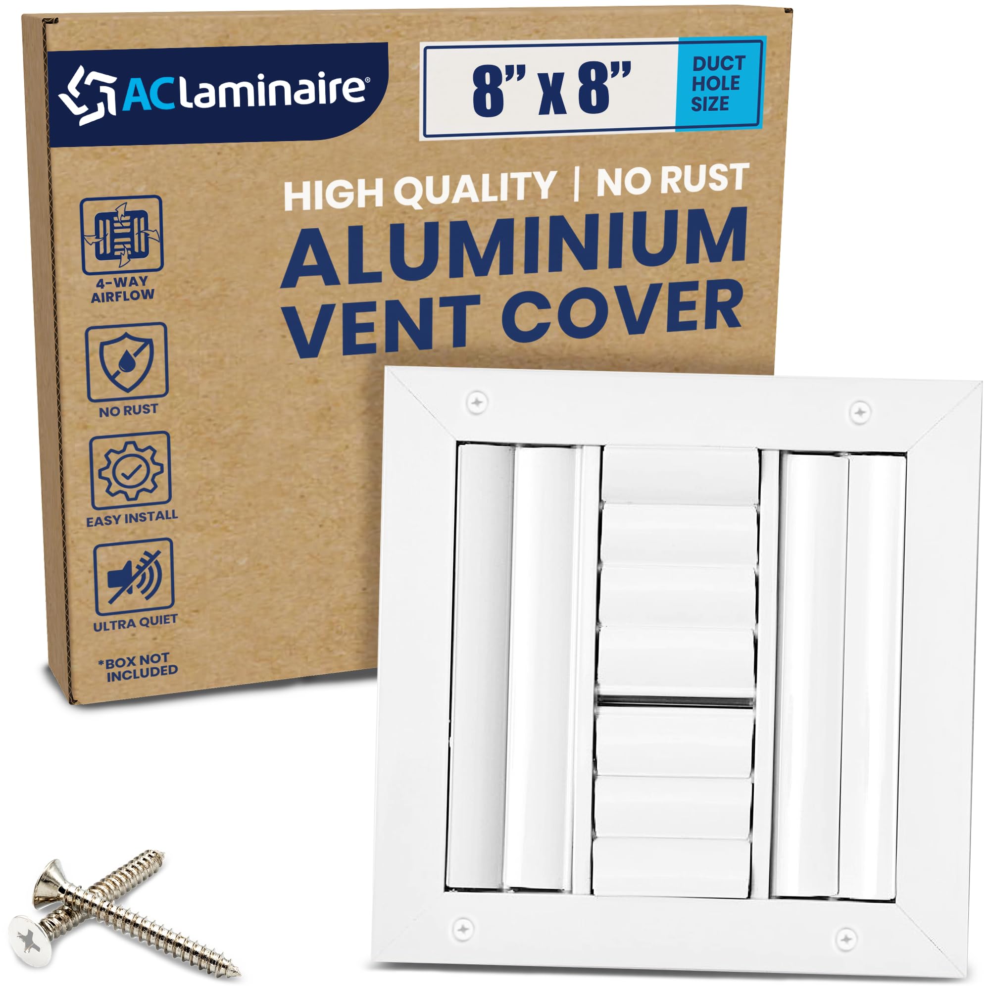 Photo 1 of 8x8 Inch (Duct Opening) Aluminum 4-Way Air Flow Vent – HVAC Vent Cover for Wall or Ceiling – Quiet HVAC Wall Register - Multi-Shutter Damper – Adjustable Curved Blade - Plastic Seal for Tight Fit