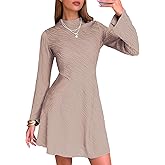 EXLURA Women's Fall Long Sleeve Mock Neck Mini Dress Textured A-Line Elegant Wedding Guest Party Cocktail Short Dresses 2025