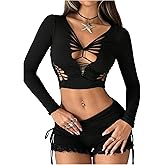 Milumia Women's Cut Out Deep V Neck Long Sleeve T Shirt Y2K Rave Going Out Party Club Crop Tee Tops