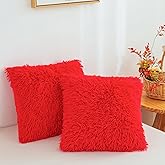 Red Plush Throw Pillow Covers 18"x18", Soft Decorative Fuzzy Fluffy red Pillow Cases, Furry Shaggy Faux Fur Cushion Covers for Sofa, Bed, and Living Room Decor, Set of 2 with Zipper