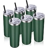 VEGOND Stainless Steel Tumblers Bulk 6 Pack, 20 oz Vacuum Insulated Skinny Tumblers with Lid and Straw, Double Wall Coffee Mug, Travel Water Cup, Dark Green