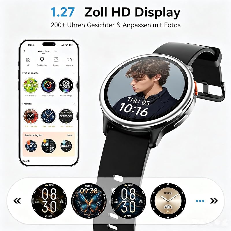 Smartwatch Herren Damen Rund, 1.27" Smart Watch mit Telefonfunktion/Whatsapp,Uhren Damen mit Pulsuhr Schlafmonitor Schrittzähler Uhr,120+ Sportmodi 3ATM Wasserdicht,Fitnessuhr für Samsung iOS Android