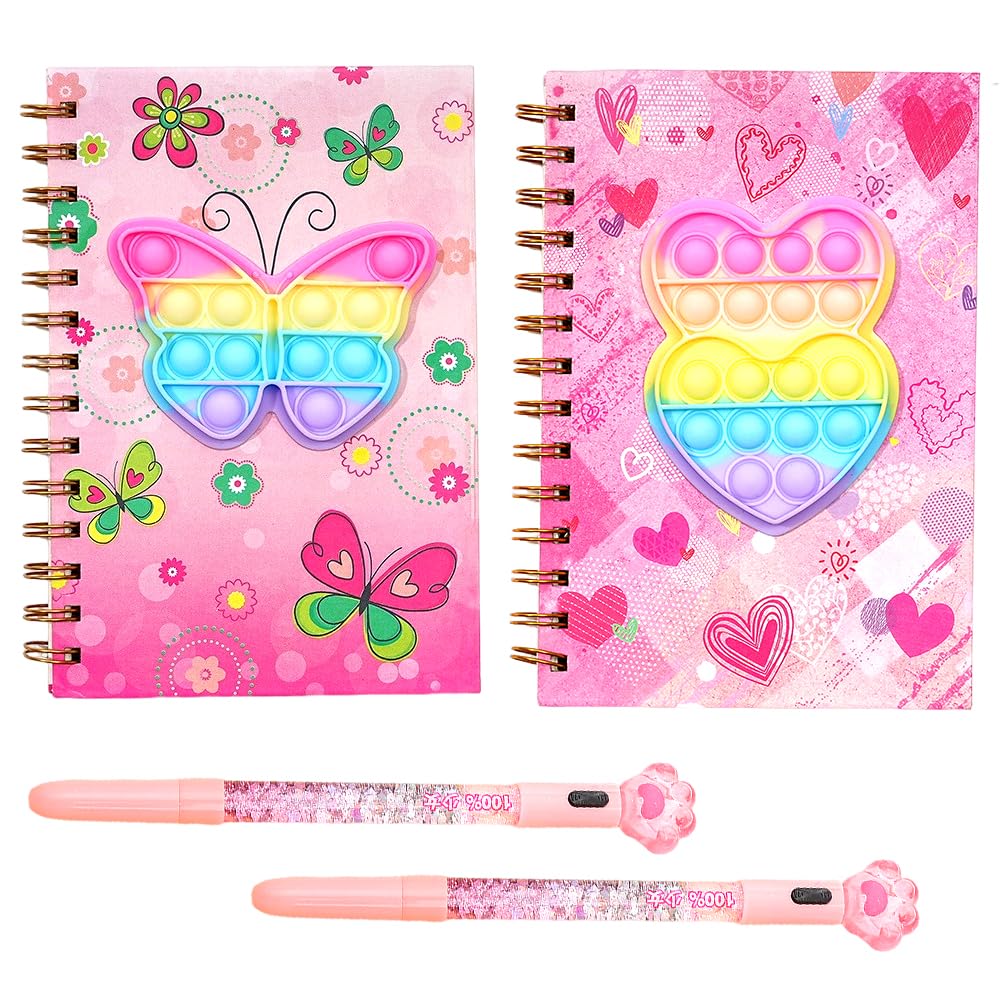 Kids Notebook, 4 Pcs Pop Secret Diary for Girls Cartoon Journal with Pen Spiral Kids Journal Silicone Bubble Spiral Journals Fidget Bubble Journals Set for Kids Adults Stationery Presents (Pink)