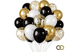 RUBFAC 65pcs Happy New Year 12 Inches Black Gold Confetti Balloons Kit, Metallic Gold and Black White Party Balloons with Ribbons for Birthday, Wedding, Baby Shower, Graduation Decorations