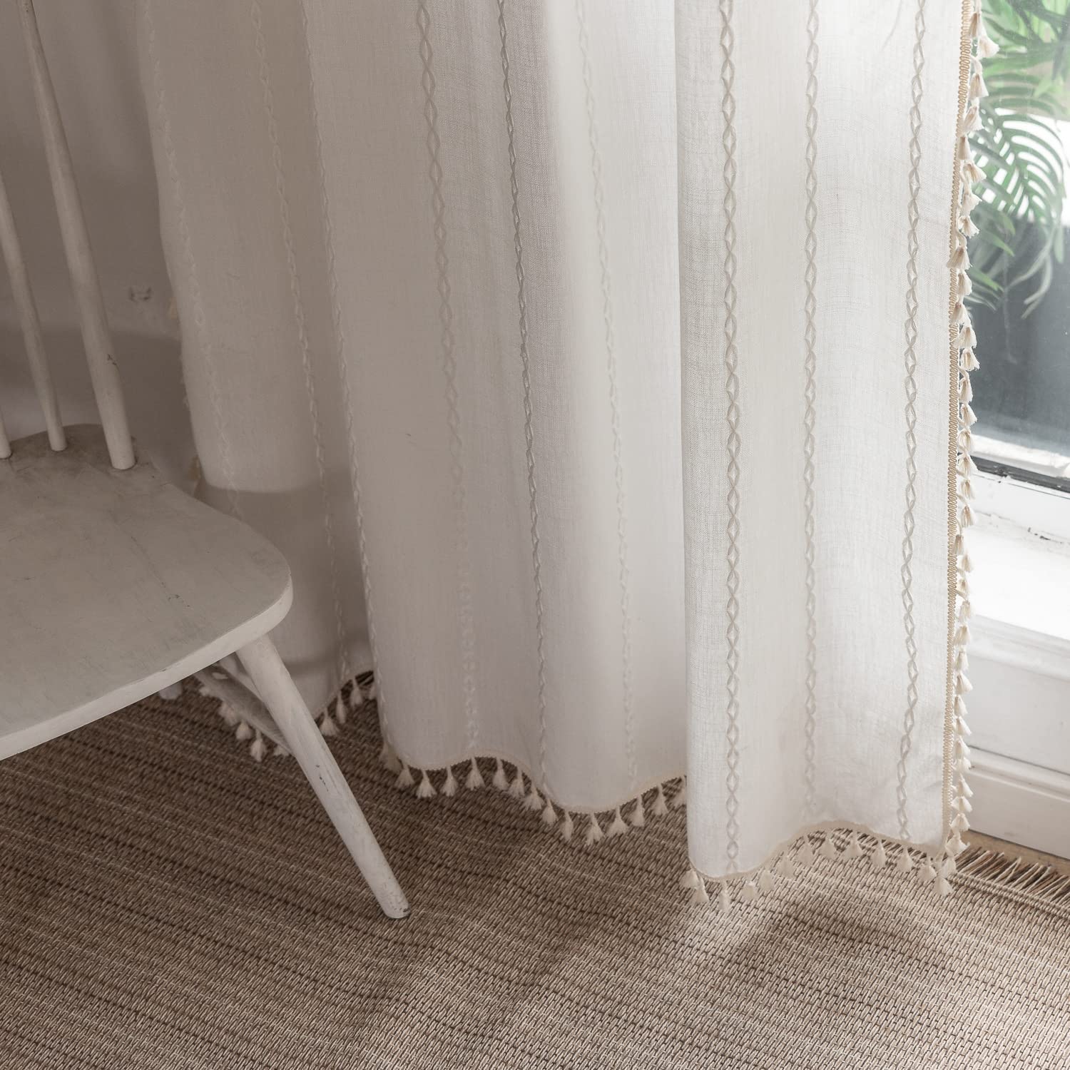 Photo 1 of BCLBUSTE Boho Curtains Off White Linen Curtains 96 Inches Long 2 Pannels for Living Room Bedroom, Embroidery Country Farmhouse Curtains Light Filtering Curtains Rod Pocket Drapes 52" W x 96" L