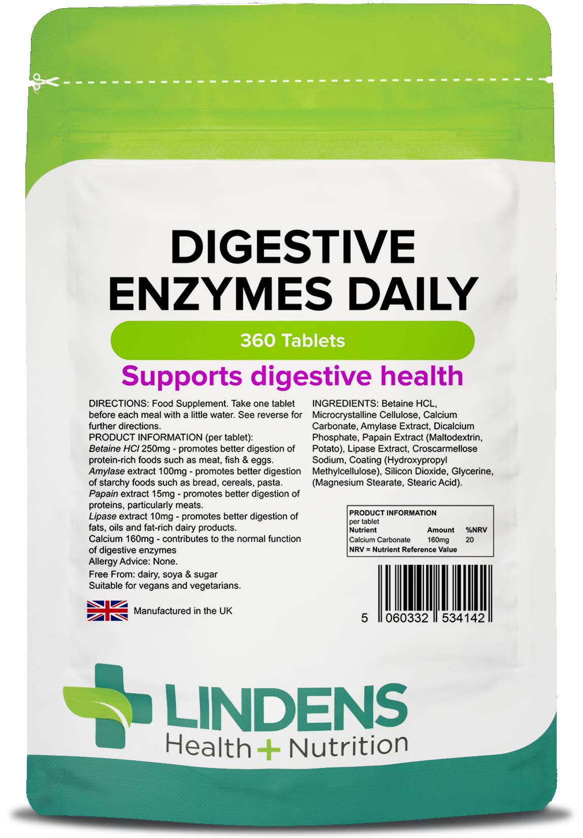 Lindens - Digestive Enzymes Daily, 360 Tablets - for Healthy Digestion, Enzyme Blend with Betaine Hcl, Papain, Amylase, Lipase & Calcium - UK Made (90 Pack x4)