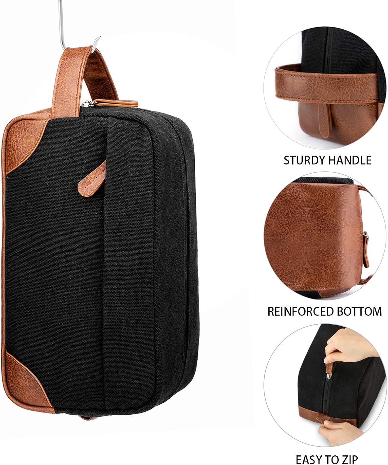 Vorspack Toiletry Bag Hanging Dopp Kit for Men Water Resistant Canvas Shaving Bag with Large Capacity for Travel- Black