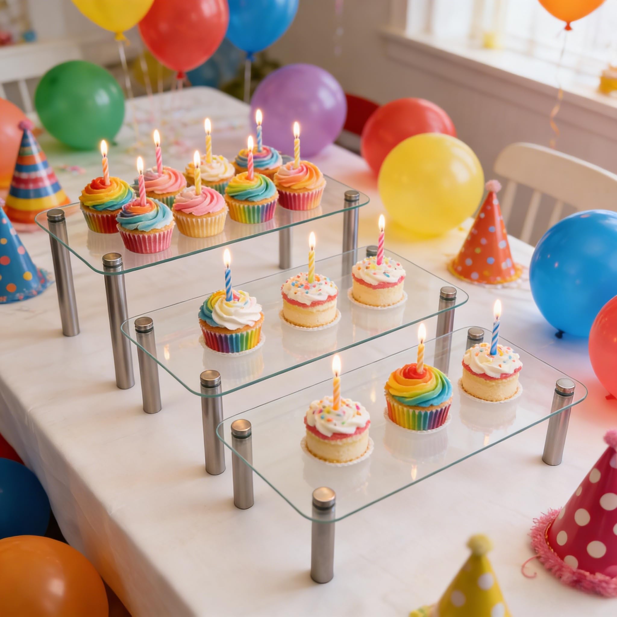 FESTLOVE 6 Pack Tempered Glass Display Stands Set, 13 Inch Rectangular Cake Cupcake Stand Dessert Display Riser Serving Platter Plate for Decoration Table Party Wedding Baby Shower