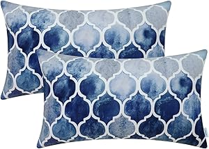 CaliTime Pack of 2 Cozy Bolster Pillow Cases Covers for Couch Bed Sofa Farmhouse Manual Hand Painted Colorful Geometric Trellis Chain Print 12 X 20 Inches Main Grey Navy Blue