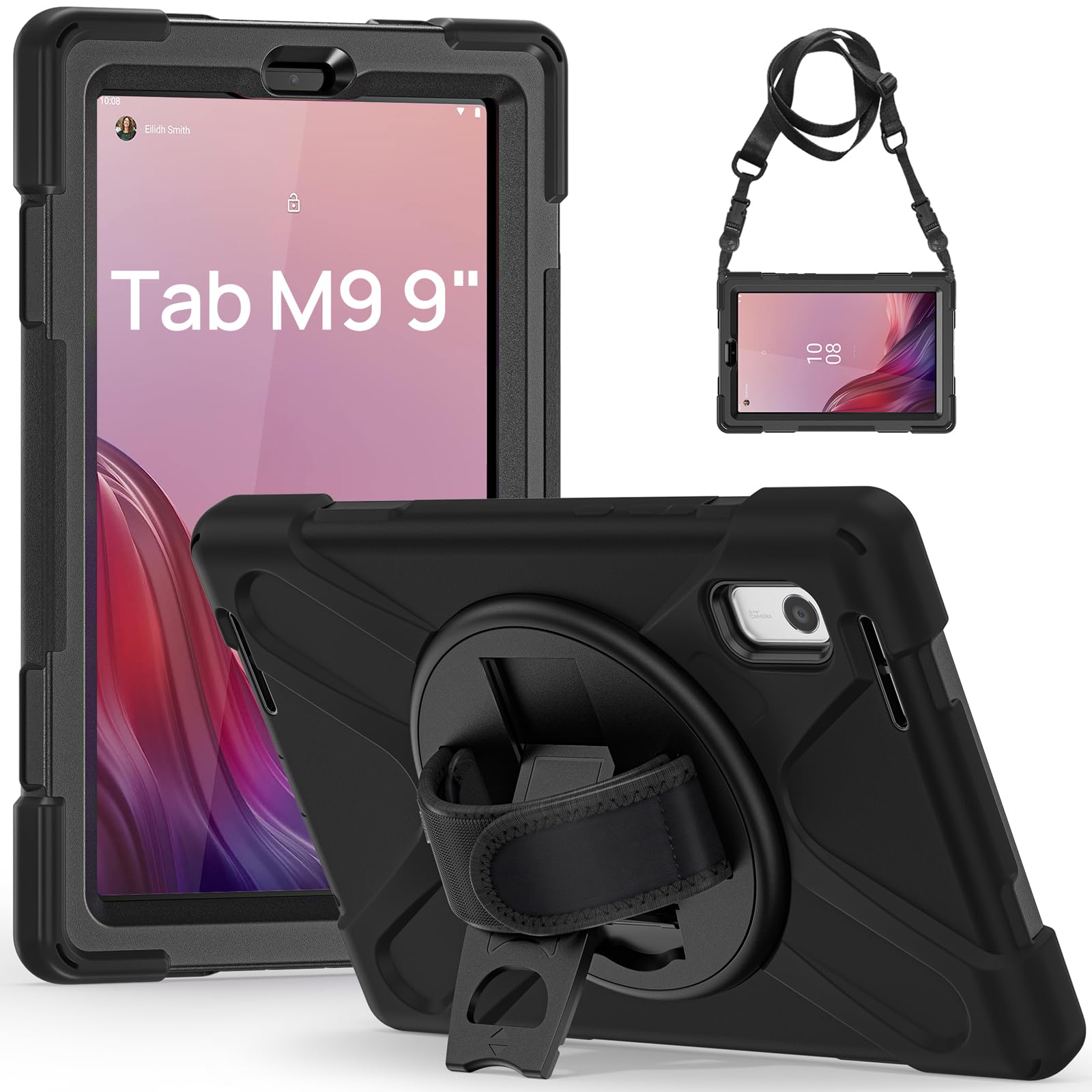 Gerutek for Lenovo Tab M9 9 Inch 2023 Case (TB310FU)|Lenovo M9 Tablet Shockproof Heavy Duty Rugged Protective Cover with 360 Rotating Kickstand & Hand Strap, Shoulder Strap for Tab M9,Black — image 1