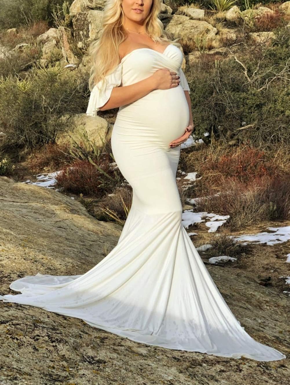 ZIUMUDY Off Shoulder Maternity Elegant Fitted Photo Shoot Gown Wraped Mermaid Baby Shower Dress at  Women’s Clothing store