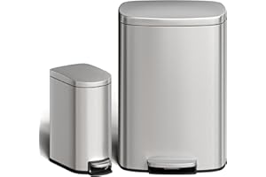 Garvee 13 gal (50 L) and 2.6 gal (10 L) Stainless Steel Trash Can Combo Set, Rustproof Garbage Can with Lid for Kitchen and Bathroom, Step-on Trash Bin with Inner Bucket, Rear Handle, Silver