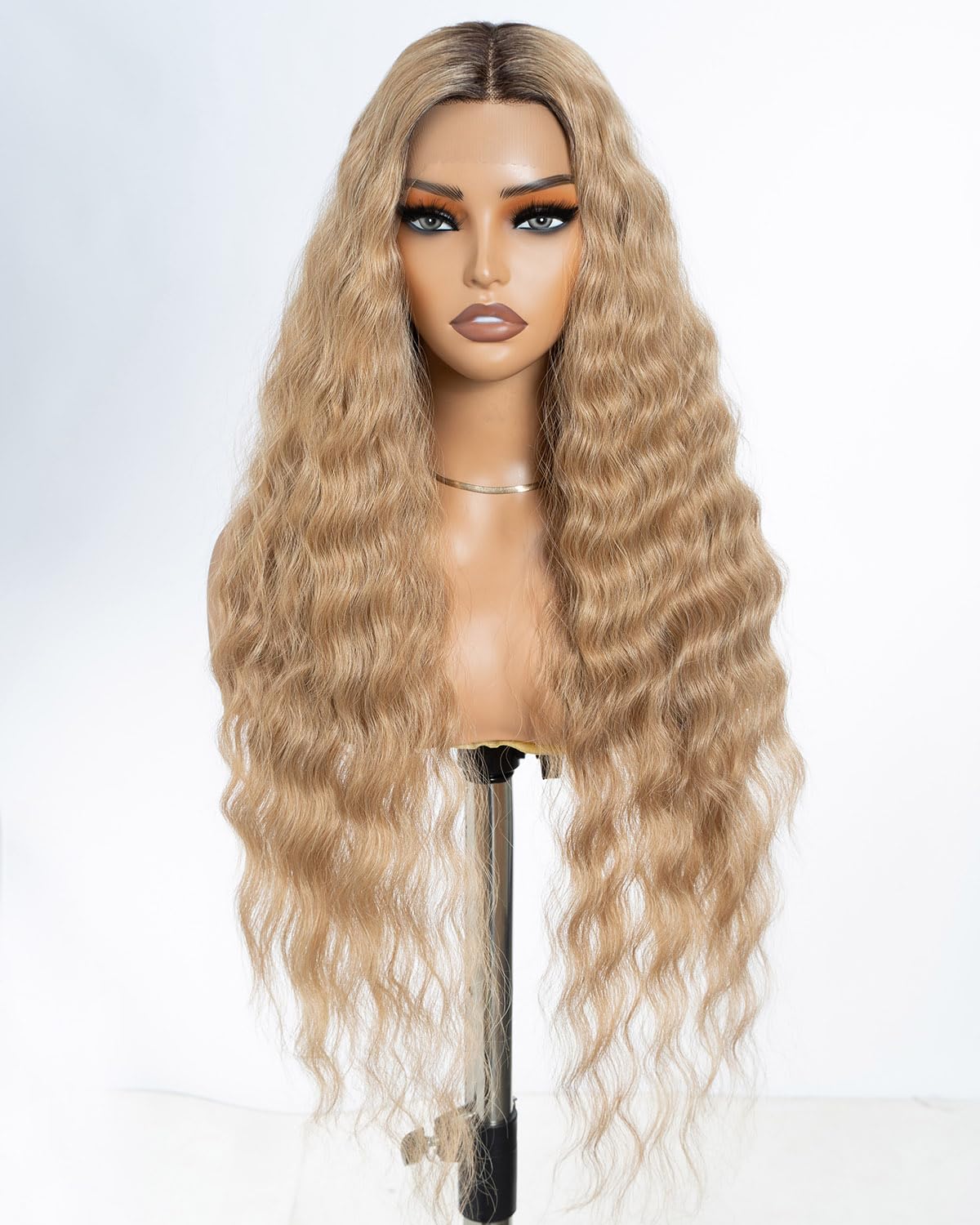 Style Icon Honey Blonde Lace Front Wigs 30 inches Long Curly Wavy Synthetic Wigs Deep Middle Part Baby Hair Wigs for Women Heat Resistant Fiber (RT6/23C)