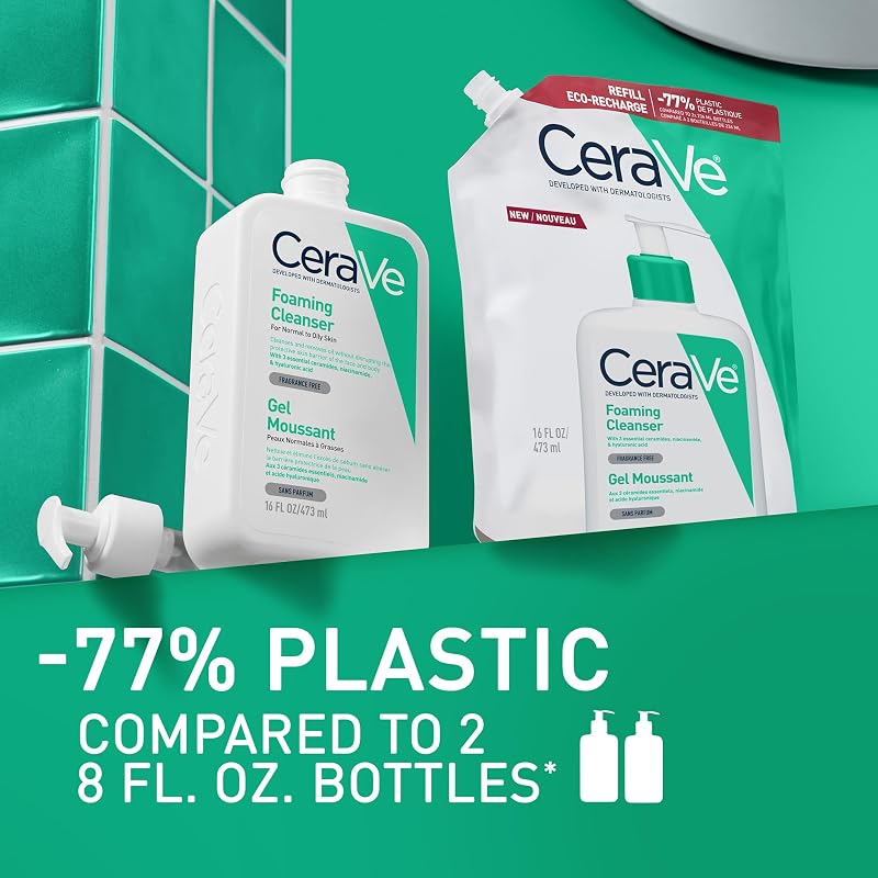 CeraVe Foaming Cleansing Gel Refill, Para Pele Normal a Oleosa, Remove o Excesso de Sebo, Enriquecido com Ceramidas Essenciais, Niacinamida e Ácido Hialurónico, Adequado para Rosto e Corpo, 473 ml