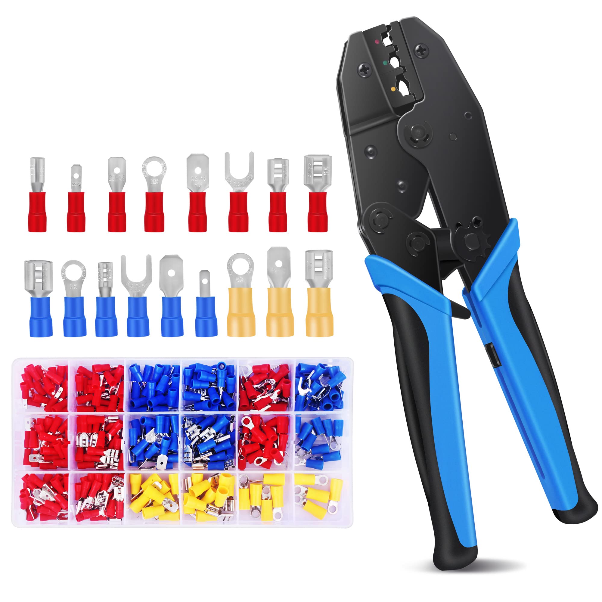PETECHTOOL Crimping Tool Ratcheting Crimping Pliers Set for AWG 10-22(0.5-6.0mm²) Wire with 17 Types 300pcs Insulated Electrical Connectors Wire Terminal Crimper