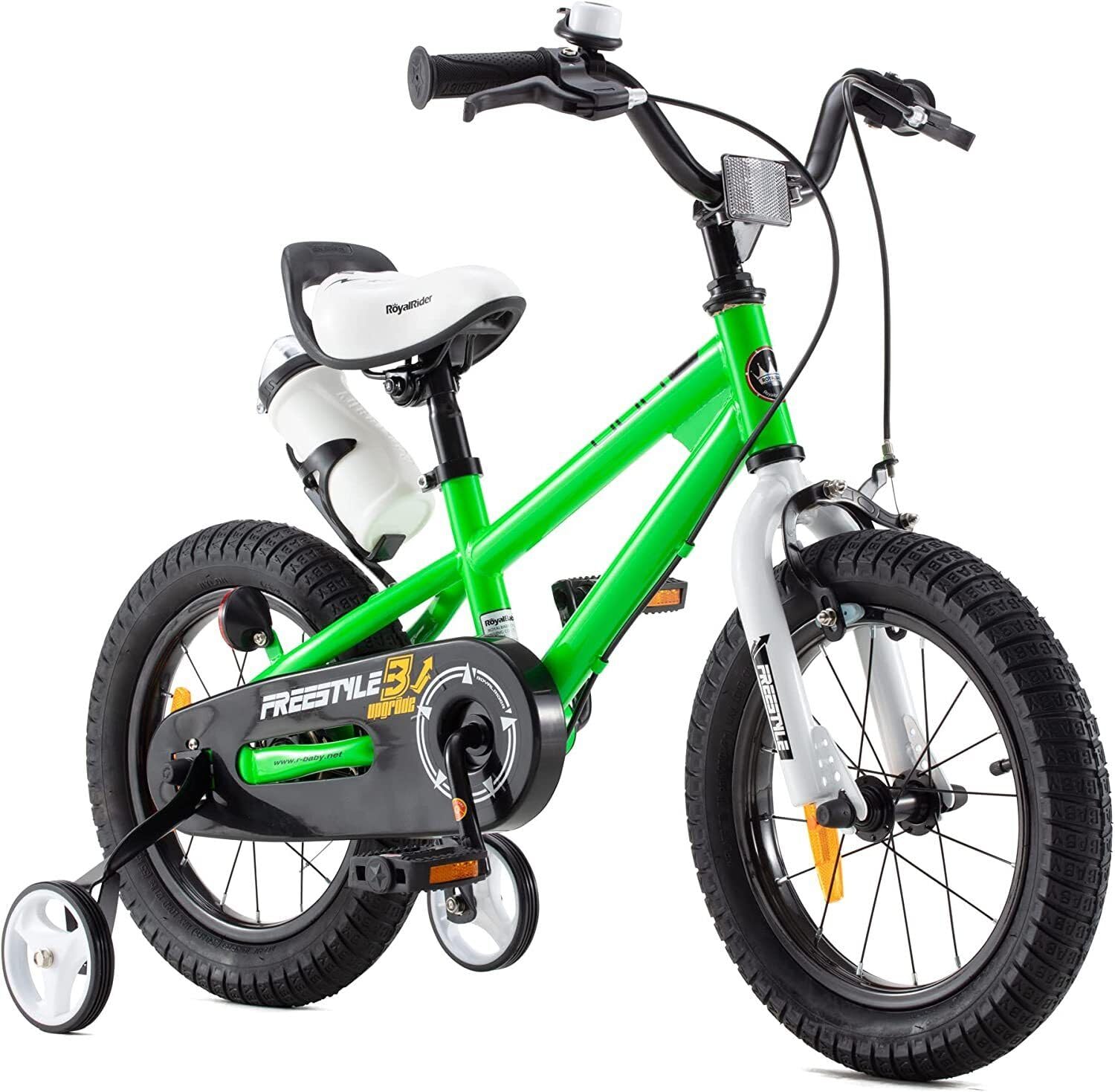 Royalbaby ROYAL BABY FREESTYLE KIDS BIKES WITH STABILIZERS IN SIZE 14” GREEN +WATER BOTTLE AND HOLDER.
