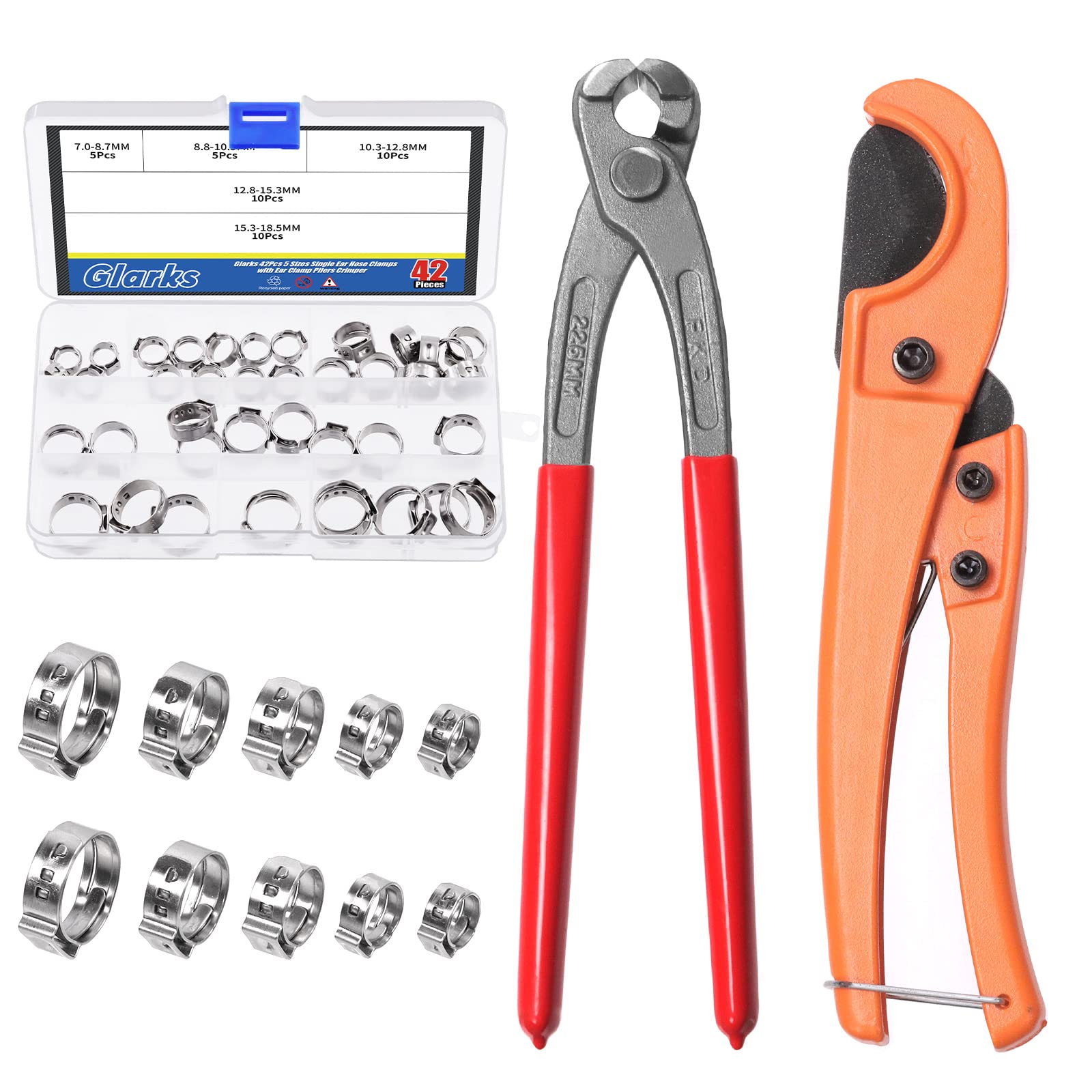 Glarks 42Pcs Ear Clamp Pliers Pincer Crimper Tool and Pipe Cutter with 7-18.5mm 5 Sizes Stainless Steel Single Ear Hose Clamps Kit for Automotive, Marine, Industrial Application