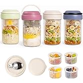 WifePro Overnight Oats Containers with Handles & Lids – 16oz Glass Mason Jars with Spoons & Fruit Compartments, Chia Pudding Jars with Lids, 4 Sets (Cream, Dark Blue, Purple, Green)