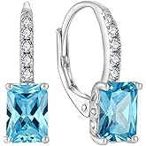 FJ Princess Cut Dangle Drop Earrings 925 Sterling Silver Leverback Square Solitaire Earrings Birthstone Jewelry for Women