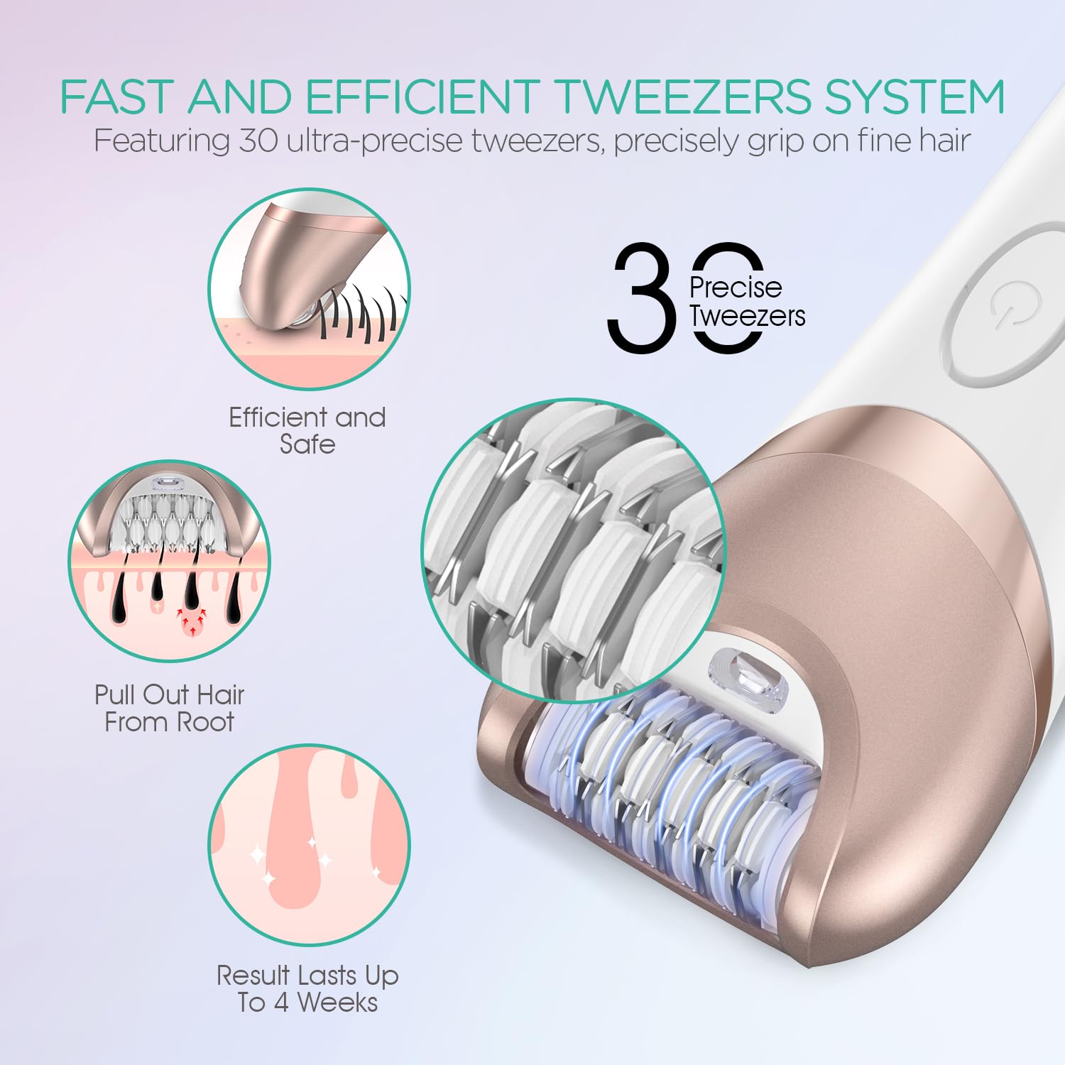 VOYOR Epilator for Women, 3 in 1 Epilator Hair Removal for Women, Epilators Hair Remover for Leg Arm with 30 Tweezers, Rechargeable & Cordless Electric Lady Shaver & Trimmer BM300 (Champagne Gold)