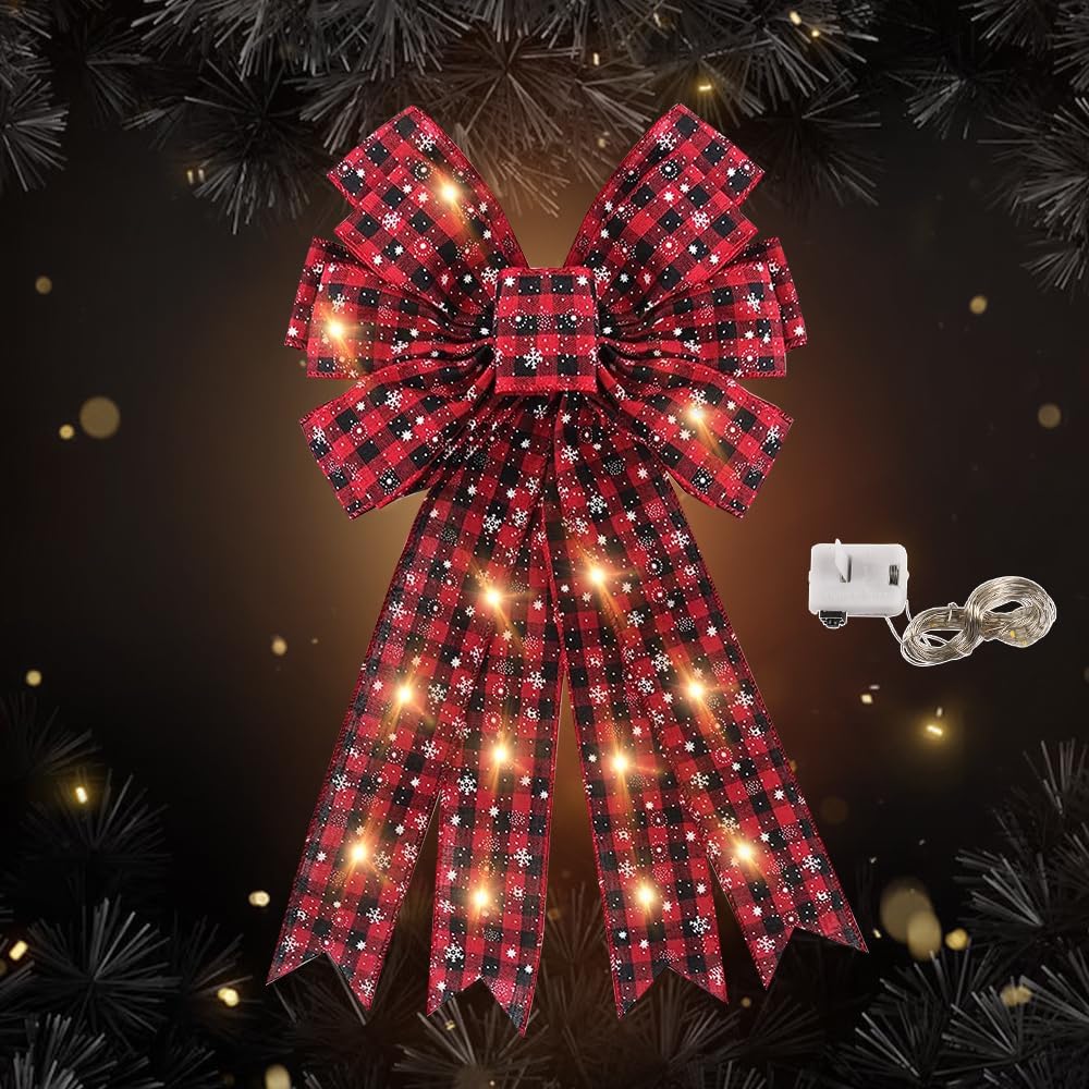 Bows & Ribbons - Hying Large LED Christmas Bows for Wreath, Christmas LED Wreath Bow Red Black Buffalo Plaid Bows with LED Lights Xmas Snow Tree Topper Bows for Front Door New Year Christmas Party Decoration Supplies
