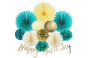 SUNBEAUTY Teal & Gold Party Decorations - Paper Fans, Tissue Pom Poms, Happy Birthday Banner for Baby Showers & Women's 30th/40th Birthdays
