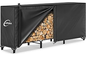 Kipiea 8FT Waterproof Firewood Storage Log Rack Cover, Heavy Duty 600D Outdoor Wood Storage Rack Cover with Buckles and Full-Length Hook & Loop Fastener, Tear-Resistant