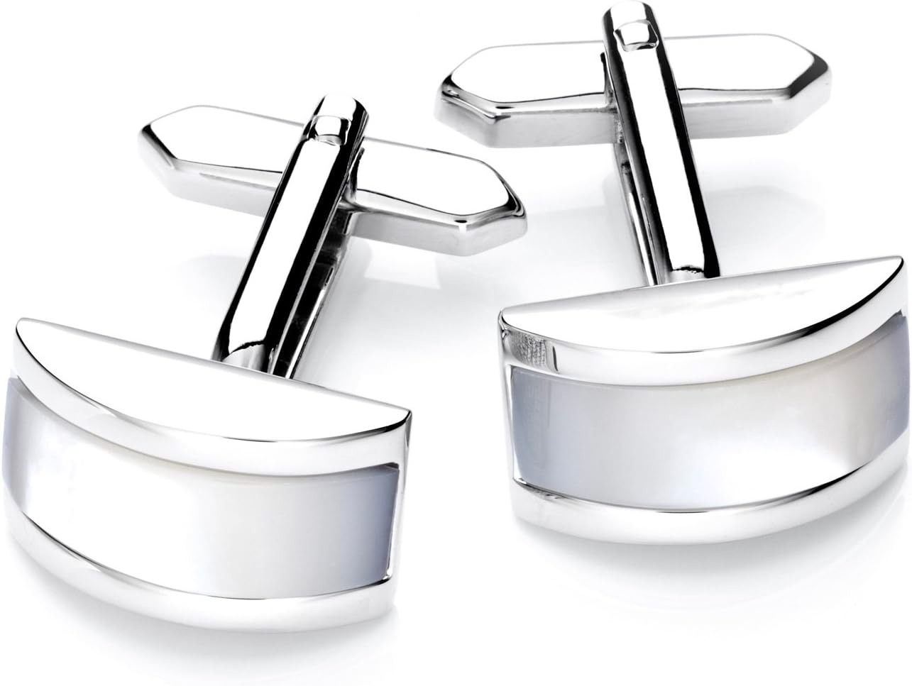 Men's Cuff-Links in Handy Box, Rectangular Design with mohter-of-Pearl Inlay in Contrast Colour, Rhodium Plated - Silver/White