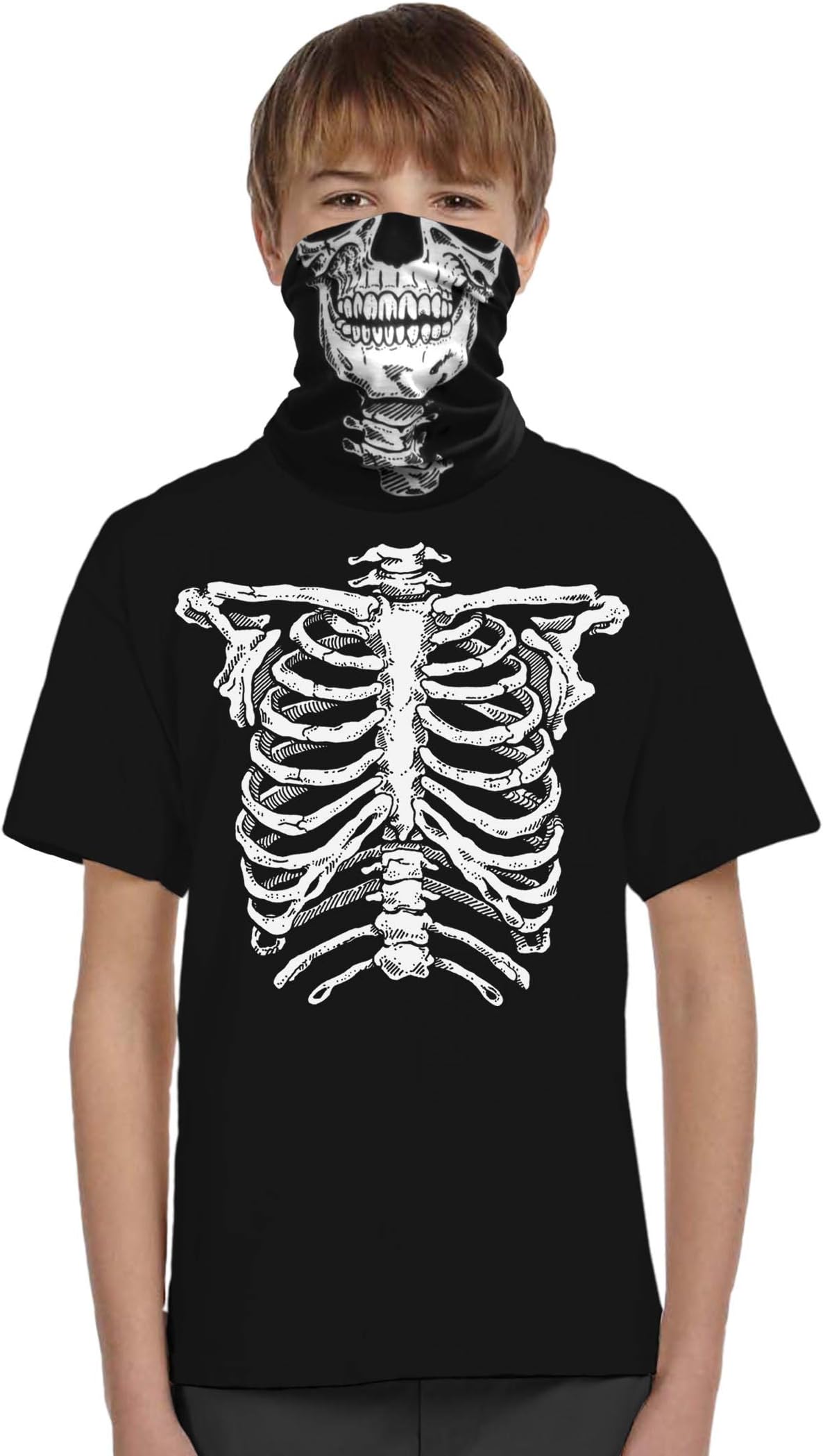 Glow in the Dark Skeleton T-shirt with matching Face Skull Mask Bandana Halloween Costume for Boys (Large, Black)