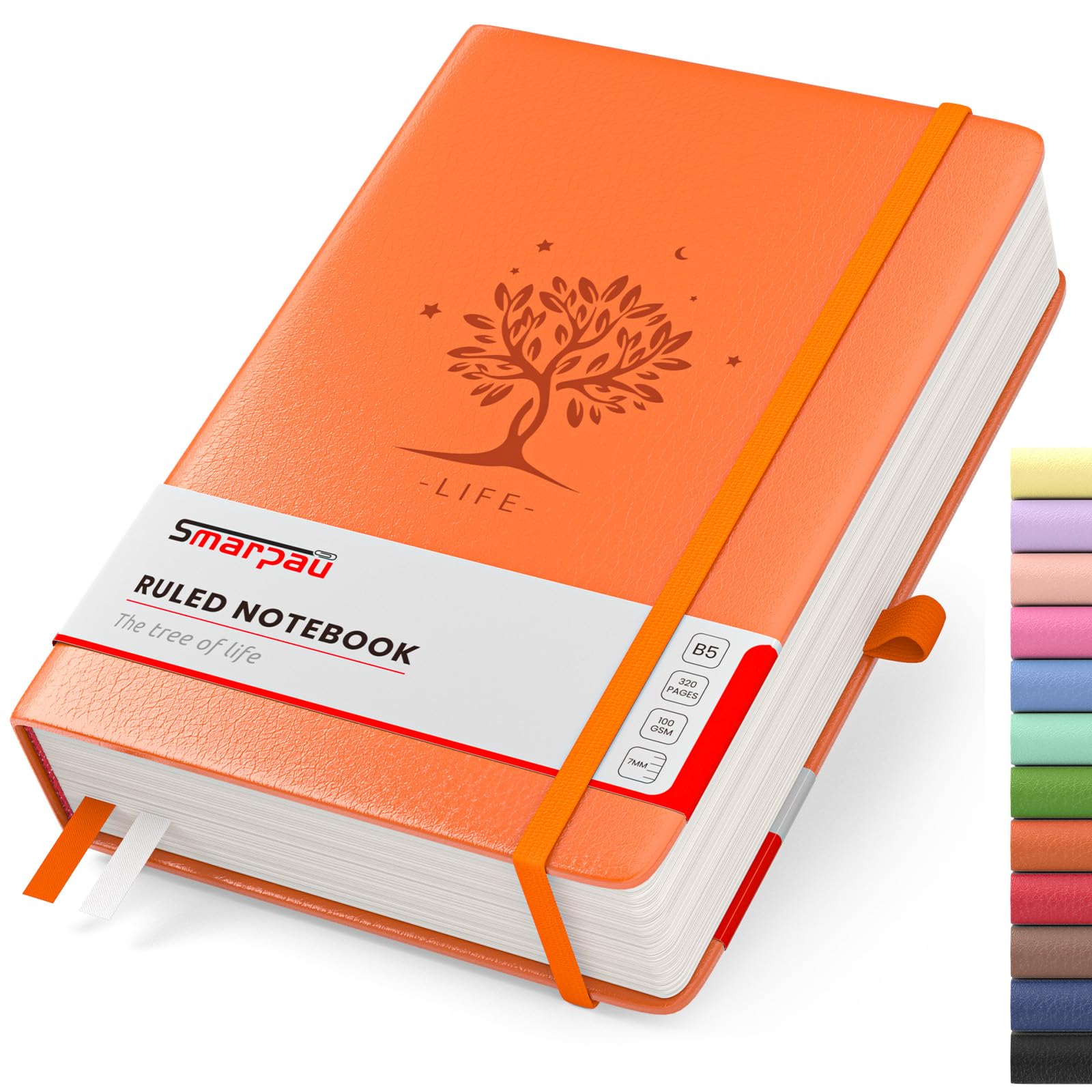 Smarpau 320 Pages College Ruled Notebook - B5 Lined Journal Notebook, 100gsm Paper Hardcover Leather Journal with Index Tabs, Thick Notepad for Women Men Work School, 19 x 25 cm - Orange