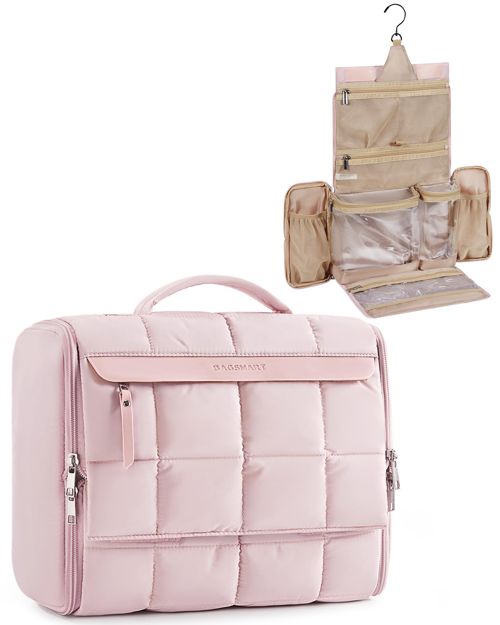 Photo 1 of BAGSMART Travel Toiletry Bag, Extra Large Full-open Hanging Toiletry Bag for Women, Puffy Cosmetic Makeup Bag Organizer with Handle for Accessories, Essentials, Toiletries (Pink 13''L)