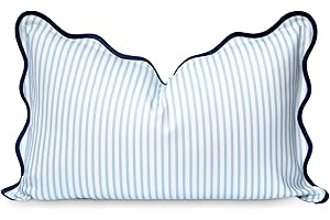 Hofdeco Premium Coastal Patio Indoor Outdoor Scalloped Lumbar Pillow Cover Only, 12"x20" Water Repellent for Backyard, Couch, Baby Blue Print Stripes
