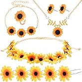 Hicarer 10 Pieces Sunflower Hair Accessories Sunflower Necklace Earrings Bracelet Ring Set Daisy Hair Clip Boho Headband Wreath Jewelry Accessories for Summer Women Bridal Wedding Gifts